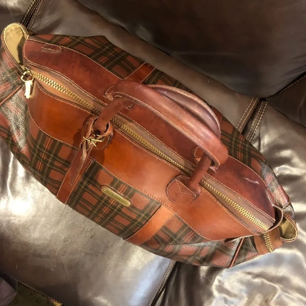 RALPH LAUREN Brown Green Top Handle Tartan Plaid Boston Duffle Travel Bag 55cm
